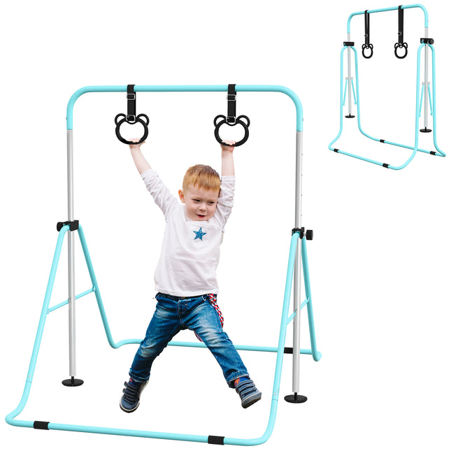 Adjustable Height Foldable Kids Gymnastics Bar with Non-Slip Mats and Rings for 3+ Years - Green