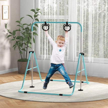 Adjustable Height Foldable Kids Gymnastics Bar with Non-Slip Mats and Rings for 3+ Years - Green