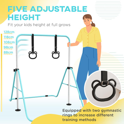 Adjustable Height Foldable Kids Gymnastics Bar with Non-Slip Mats and Rings for 3+ Years - Green