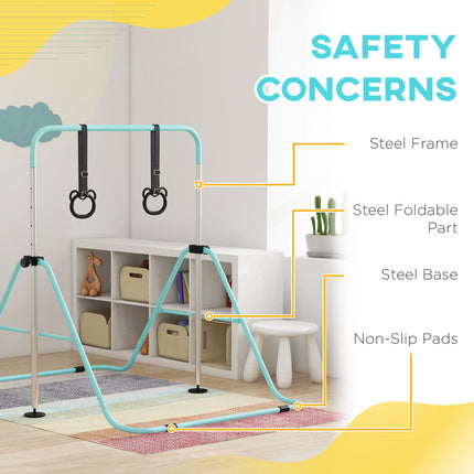 Adjustable Height Foldable Kids Gymnastics Bar with Non-Slip Mats and Rings for 3+ Years - Green