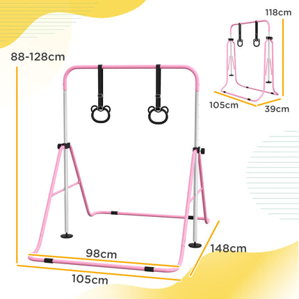 Adjustable Height Foldable Kids Gymnastics Bar with Non-Slip Mats for 3+ Years - Pink