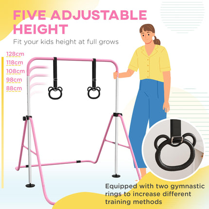Adjustable Height Foldable Kids Gymnastics Bar with Non-Slip Mats for 3+ Years - Pink