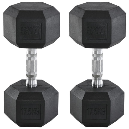 Set of 2 Rubber Hex Dumbbells 17.5kg Portable Home Gym Weights - Black