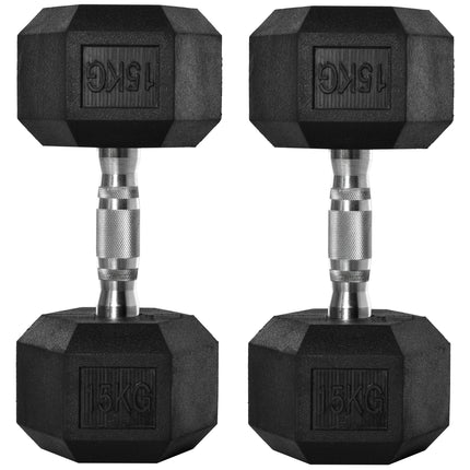 Set of 2 Rubber Hex Dumbbells 15kg Each Portable Home Gym Weights - Black
