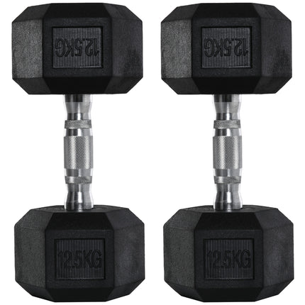 Set of 2 Rubber Hex Dumbbells 12.5kg Each Portable Hand Weights - Black