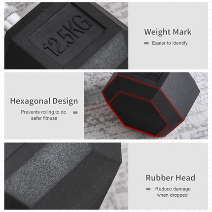Set of 2 Rubber Hex Dumbbells 12.5kg Each Portable Hand Weights - Black