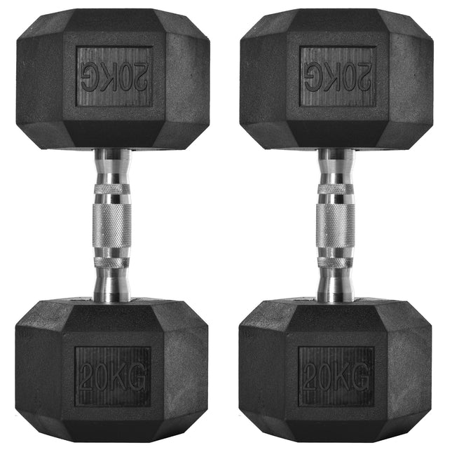 Set of 2 Rubber Hex Dumbbells 20kg Each - Black