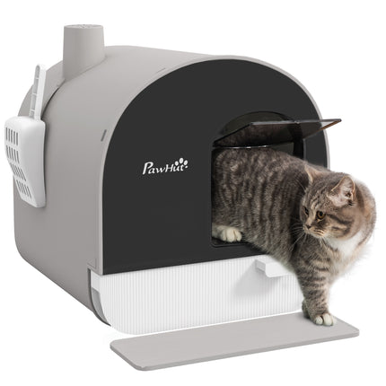 Hooded Cat Litter Box with Lid, Scoop, Filter & Flap Door - Light Grey
