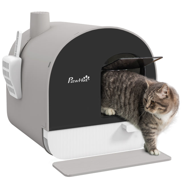 Hooded Cat Litter Box with Lid, Scoop, Filter & Flap Door - Light Grey