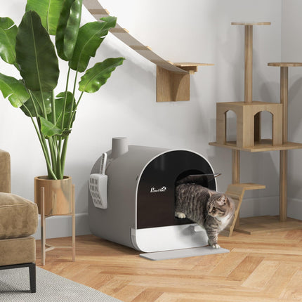 Hooded Cat Litter Box with Lid, Scoop, Filter & Flap Door - Light Grey