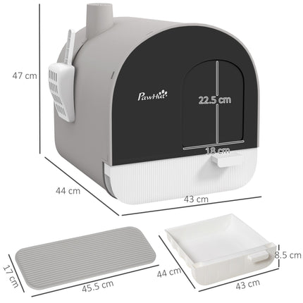 Hooded Cat Litter Box with Lid, Scoop, Filter & Flap Door - Light Grey