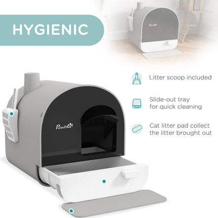 Hooded Cat Litter Box with Lid, Scoop, Filter & Flap Door - Light Grey