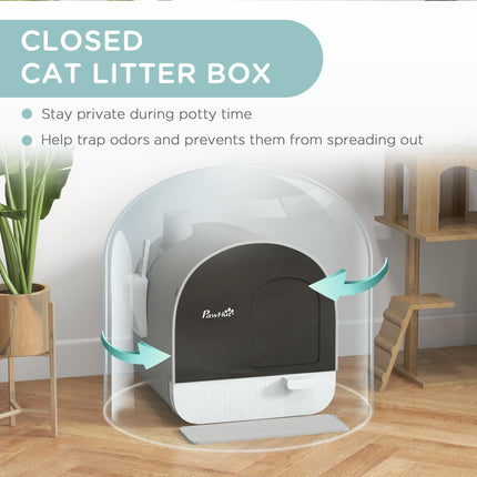 Hooded Cat Litter Box with Lid, Scoop, Filter & Flap Door - Light Grey