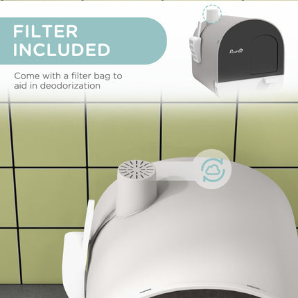 Hooded Cat Litter Box with Lid, Scoop, Filter & Flap Door - Light Grey