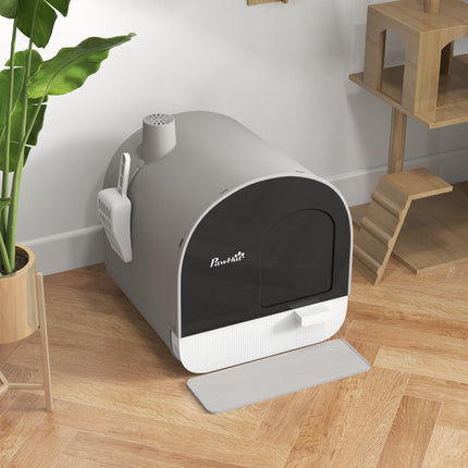 Hooded Cat Litter Box with Lid, Scoop, Filter & Flap Door - Light Grey