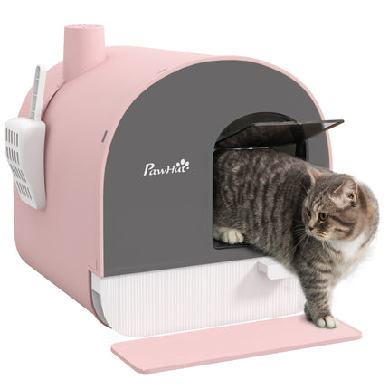 Hooded Kitten Litter Box with Lid, Scoop, Filter & Flap Door - Pink
