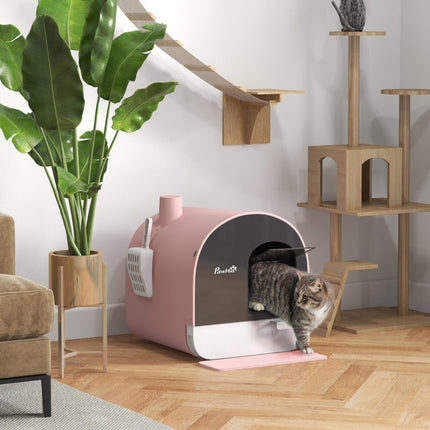 Hooded Kitten Litter Box with Lid, Scoop, Filter & Flap Door - Pink