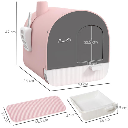 Hooded Kitten Litter Box with Lid, Scoop, Filter & Flap Door - Pink