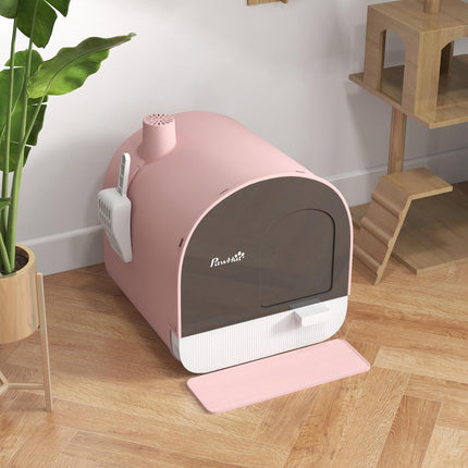 Hooded Kitten Litter Box with Lid, Scoop, Filter & Flap Door - Pink