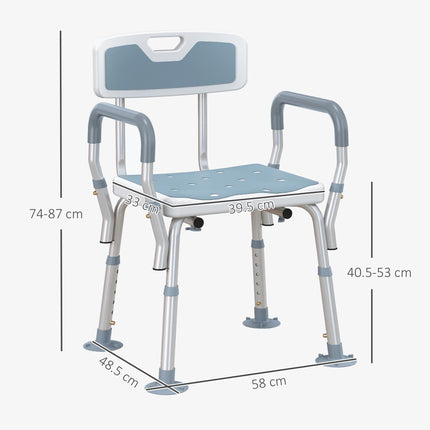 EVA Padded Adjustable Shower Chair with Back, Arms & Suction Feet for Elderly and Disabled - Light Blue