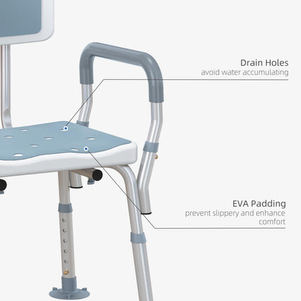 EVA Padded Adjustable Shower Chair with Back, Arms & Suction Feet for Elderly and Disabled - Light Blue