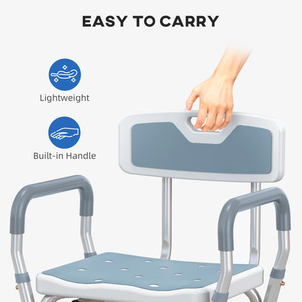 EVA Padded Adjustable Shower Chair with Back, Arms & Suction Feet for Elderly and Disabled - Light Blue