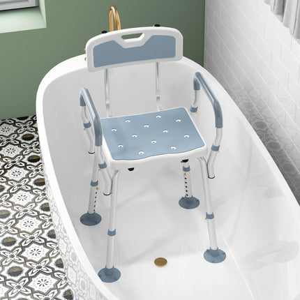 EVA Padded Adjustable Shower Chair with Back, Arms & Suction Feet for Elderly and Disabled - Light Blue