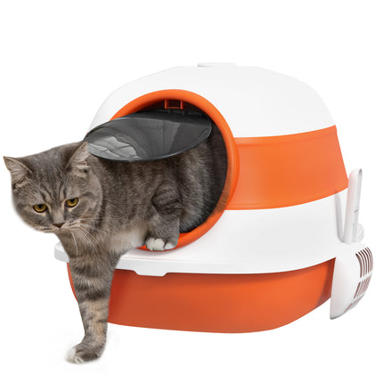 Foldable Cat Litter Tray with Lid, Scoop & Deodorant - Orange
