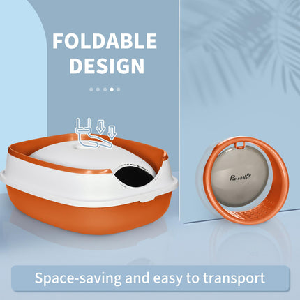 Foldable Cat Litter Tray with Lid, Scoop & Deodorant - Orange