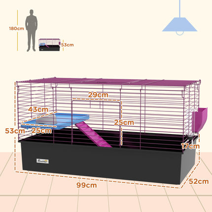 Small Animal Cage with Platform and Ramp for Chinchillas, Rabbits, Guinea Pigs 99x52x53cm - Black