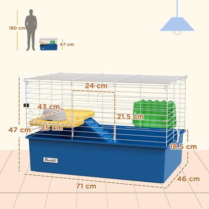 Small Animal Cage with Platform and Ramp for Chinchillas, Rabbits, Guinea Pigs 71x46x47cm - Blue