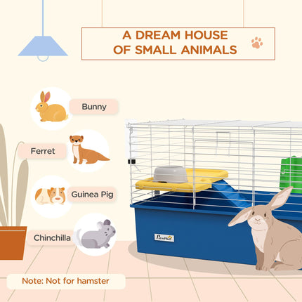 Small Animal Cage with Platform and Ramp for Chinchillas, Rabbits, Guinea Pigs 71x46x47cm - Blue
