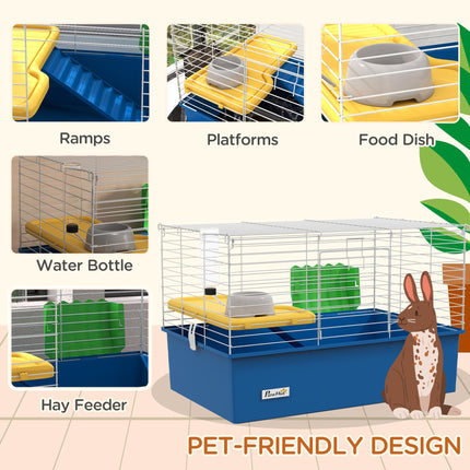 Small Animal Cage with Platform and Ramp for Chinchillas, Rabbits, Guinea Pigs 71x46x47cm - Blue