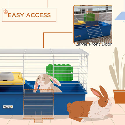 Small Animal Cage with Platform and Ramp for Chinchillas, Rabbits, Guinea Pigs 71x46x47cm - Blue