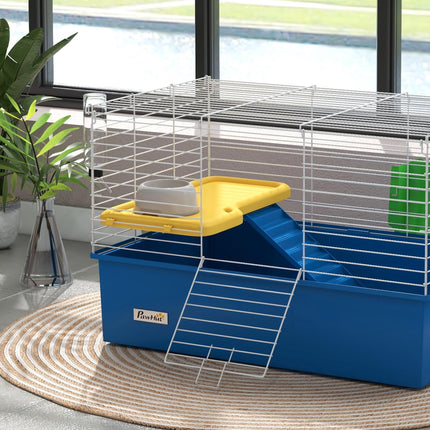 Small Animal Cage with Platform and Ramp for Chinchillas, Rabbits, Guinea Pigs 71x46x47cm - Blue