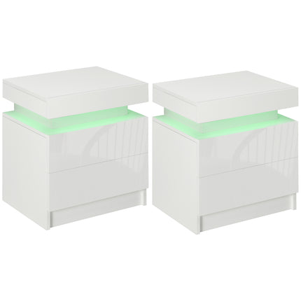 White Bedside Table with LED Light and Two Drawers - White