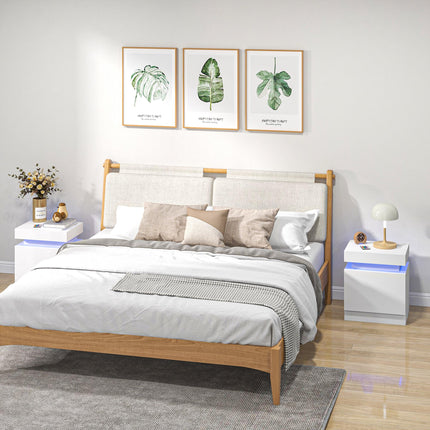 White Bedside Table with LED Light and Two Drawers - White