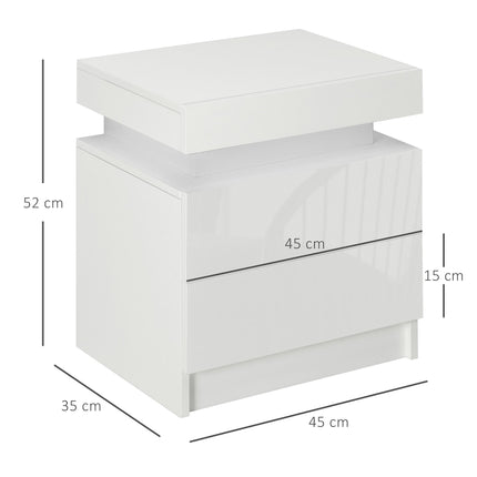 White Bedside Table with LED Light and Two Drawers - White