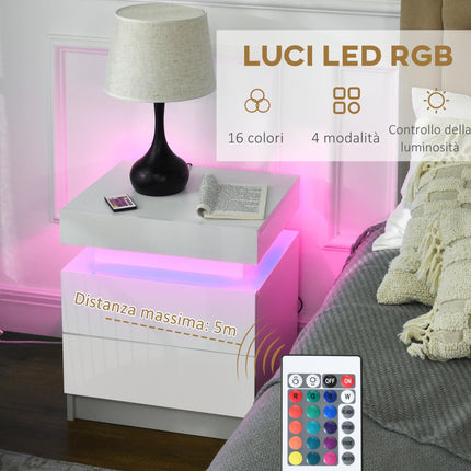 White Bedside Table with LED Light and Two Drawers - White