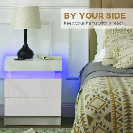 White Bedside Table with LED Light and Two Drawers - White