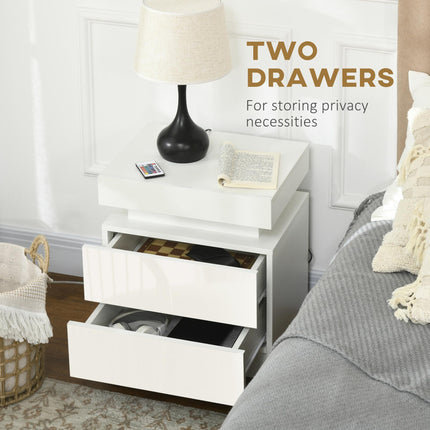 White Bedside Table with LED Light and Two Drawers - White