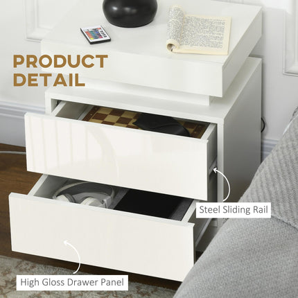 White Bedside Table with LED Light and Two Drawers - White