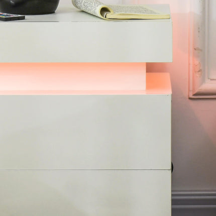 White Bedside Table with LED Light and Two Drawers - White