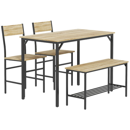 Square Dining Set for 4 Persons, Table, Chairs and Bench Included, Natural Wood