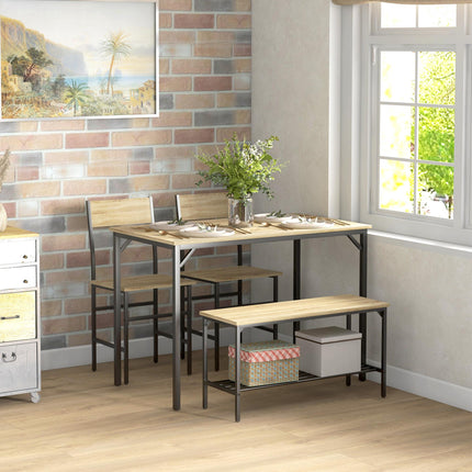 Square Dining Set for 4 Persons, Table, Chairs and Bench Included, Natural Wood