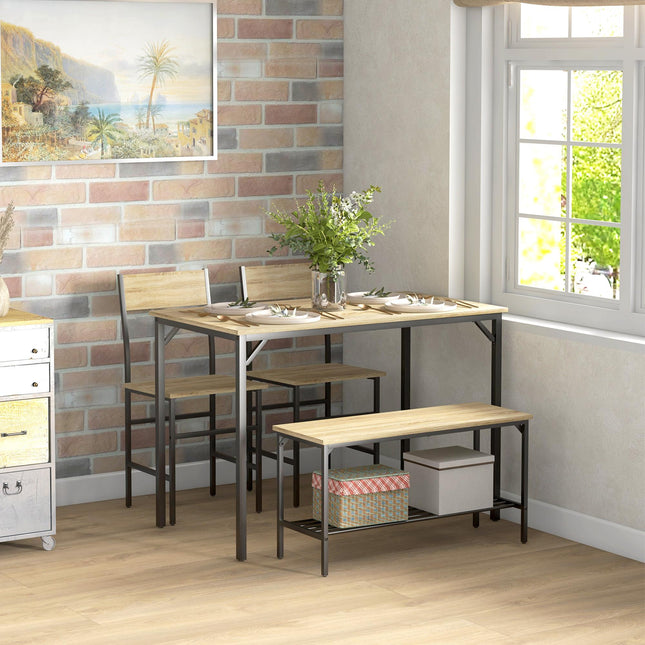 Square Dining Set for 4 Persons, Table, Chairs and Bench Included, Natural Wood