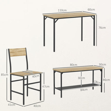 Square Dining Set for 4 Persons, Table, Chairs and Bench Included, Natural Wood