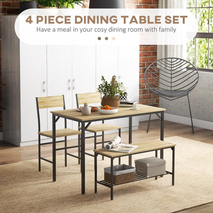 Square Dining Set for 4 Persons, Table, Chairs and Bench Included, Natural Wood