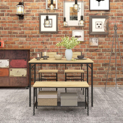 Square Dining Set for 4 Persons, Table, Chairs and Bench Included, Natural Wood