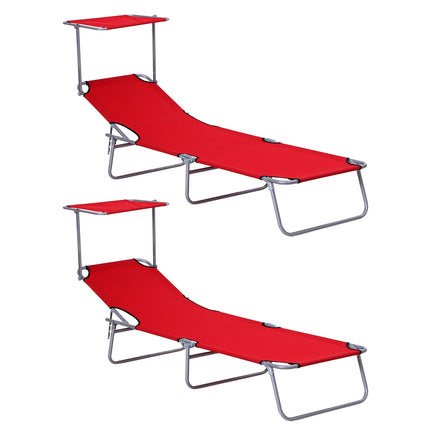 2 Piece Folding Reclining Sun Lounger with Adjustable Shade Awning for Beach Patio - Red Silver